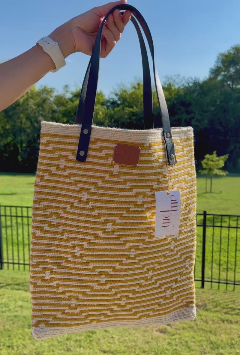 AMPMsis Handwoven Mustard & Cream Geometric Plain Tote Bag | Genuine Leather Handles | Artisan Woven Shoulder Bag for Work & Travel