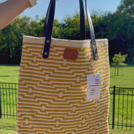 AMPMsis Handwoven Mustard & Cream Geometric Plain Tote Bag | Genuine Leather Handles | Artisan Woven Shoulder Bag for Work & Travel